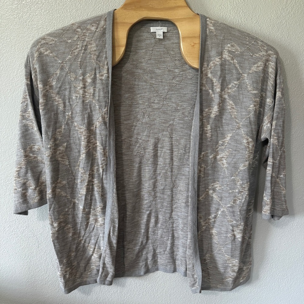 Pure J Jill Open Front‎ Cardigan Gray Beige Print Lightweight Womens Size Medium